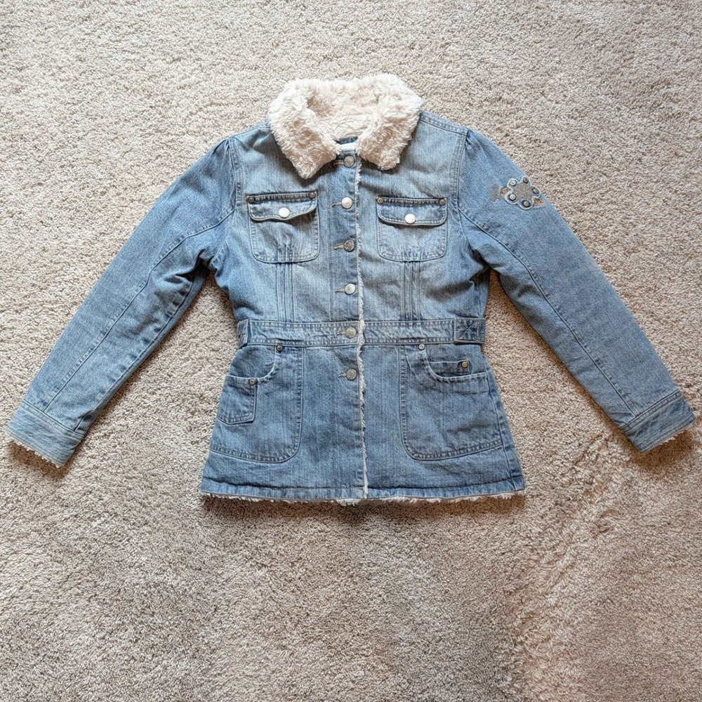 Arizona Jean Co Sherpa Lined Denim Jacket Girls Large 14 Blue Floral‎ Embroidery